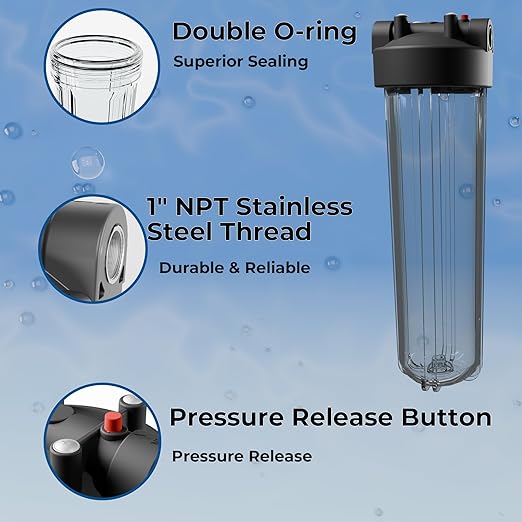 20" x 4.5" Whole House Water Filter Housing – 1" NPT Stainless Steel Ports, Heavy Duty Clear Filter Sump – Double O-Ring Leak-Proof with Pressure Release Valve – Fits All 20x4.5 Filters