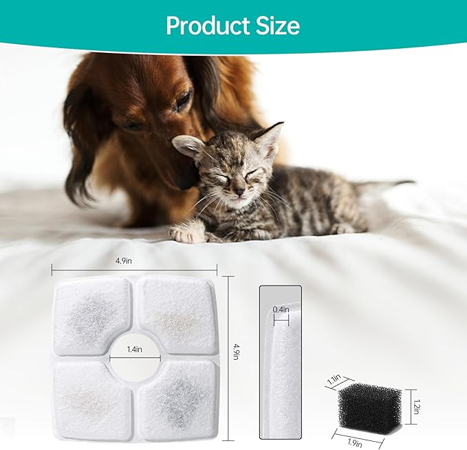 4-Pack Cat Water Fountain Filter Replacement & 4-Pack Pre-Filter Sponges for Square 84oz/2.5L Automatic Cat Fountain Dog Water Dispenser, Triple Filtration System Activated Carbon for Pet Fountain