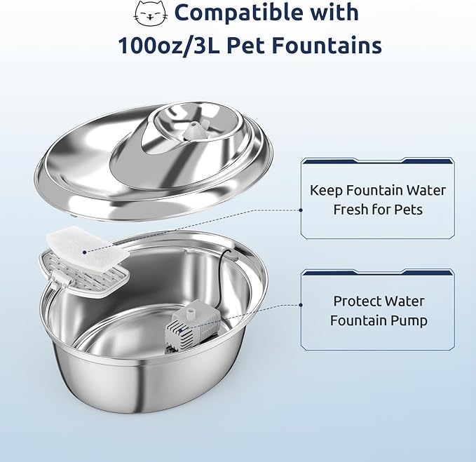 12+6 Pack Zeepet Cat Fountain Filters, Compatible with ORSDA Cat Water Fountain Filter for D60 100oz/3L Automatic Stainless Steel Pet Fountains, 12 Replacement Water Filters + 6 Pre-Filter Sponges