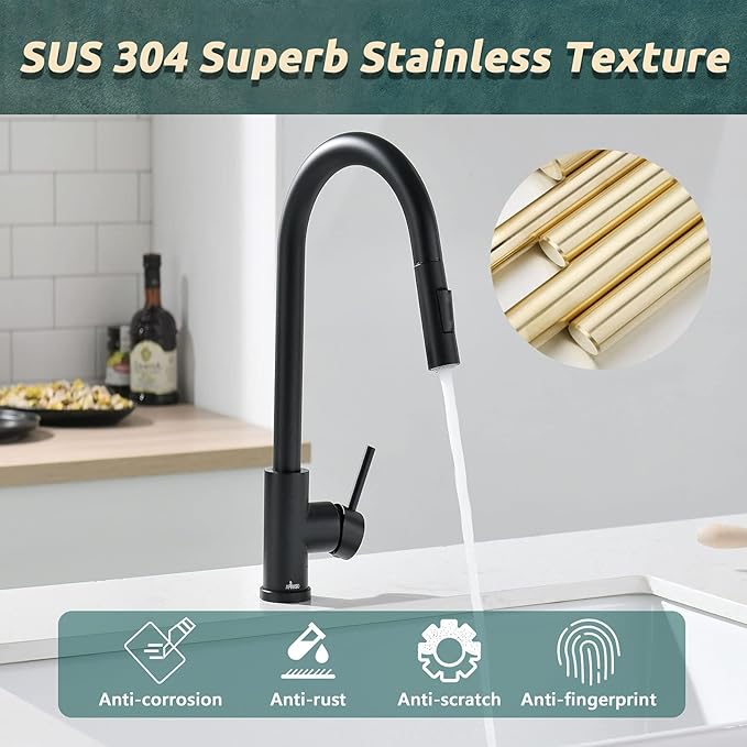 APPASO Black Kitchen Faucet, Modern Kitchen Faucet with Pull Down Sprayer Matte Black, Single-Handle High Arc Gooseneck Modern Kitchen Sink Faucet with Deck Plate APS202-BS