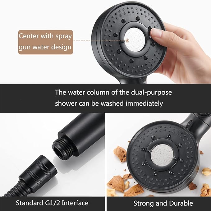 Shower Head, High Pressure for Low Pressure, Rainfall Shower Heads Handheld with Filter for Hard Water to Increase Pressure, 3 Adjustable Spray Modes with Water Stop Button, Black