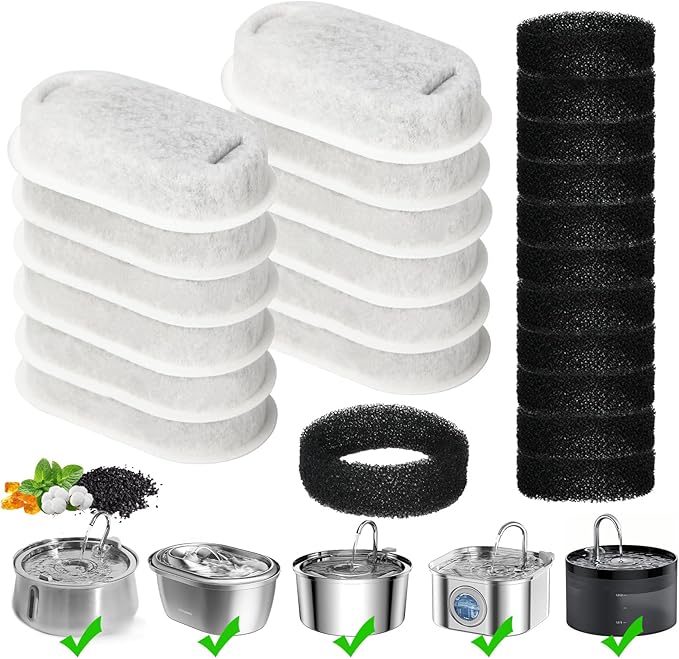 Cat Water Fountain Filter, 24-Pack Filters Replacement for 67oz/2L & 108oz/3.2L Stainless Steel Cat Water Fountain, 4-Layer Filtration Pet Filter (12 Filters & 12 Sponges)