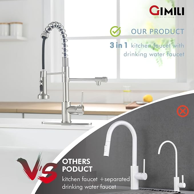 GIMILI Filter Kitchen Faucet for Water Filtration System Drinking Water Faucet 3 in1 Commercial Style Pull-Down Single Handle, Brushed Nickel,Without Water Filtration Device