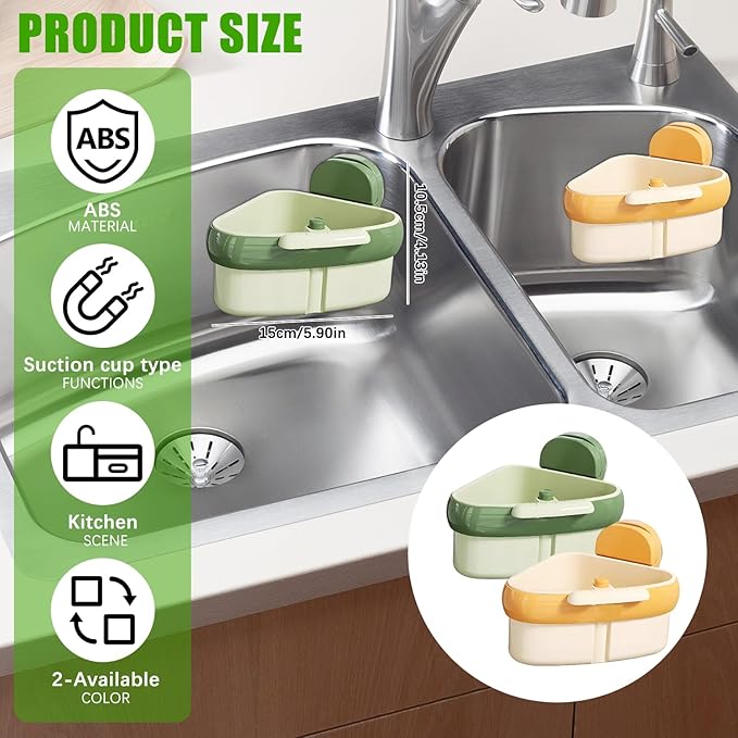 Suction Cup Sink Corner Rack,Sink Strainer Basket,Plastic Sink Storage Rack Holder,Triangle Sink Filter Basket,Corner Sink Trash Catcher for Food Waste (Green)