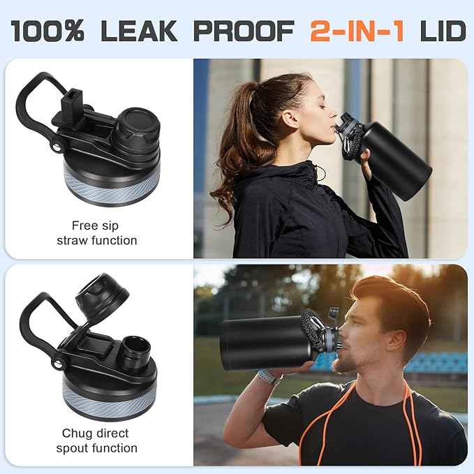 1 Gallon Water Bottle Insulated, Leak Proof 128 oz Stainless Steel Water Jug with Straw/Spout 2-in-1 Lid, Sleeve, Paracord Handle, Silicone Boot, One Gal Metal Canteen for Gym Sports Camping