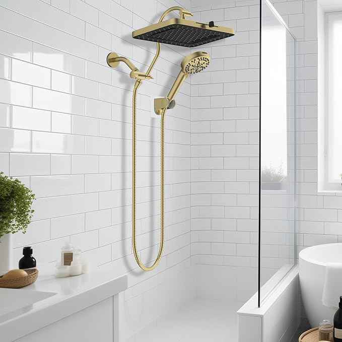 Hibbent High Pressure 13'' Dual Shower Head Combo with 10-mode Handheld Spray, Upgraded Rainfall 5-spray Shower Head, 12'' Adjustable Extension Arm, 71'' Hose, Showerhead Holder, Brushed Gold
