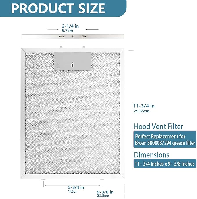 2 Pack SB08087294 Range Hood Filter 11.75"x 9.40" Compatible with For Broan Kenmore range hoods, Range Hood Aluminum Grease Filter, Replaces AP5614116 B08087294 RM523004 1373064 - AquaVibe
