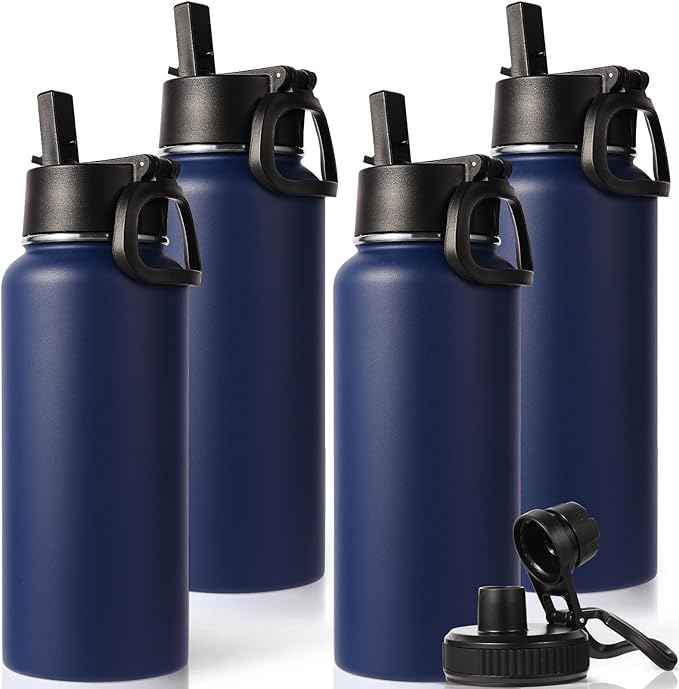 Neihepal 32 oz Insulated Water Bottles Bulk with 2 Lids (Straw & Spout Lid), Stainless Steel Double Wall Water Bottle, Keeps Cold 24H & Hot 12H (Navy,4 Pack)