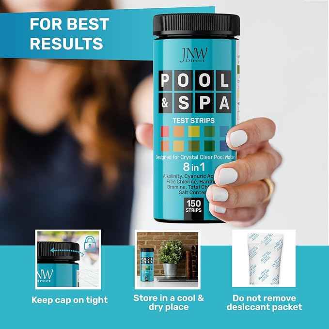 Pool Test Strips 8-in-1, 150 Quick and Accurate Pool and Hot Tub Test Strips - Pool Water Testing Kit for Chlorine, Bromine, pH, Hardness, More - All in 1 Swimming Pool Test Strips by JNW