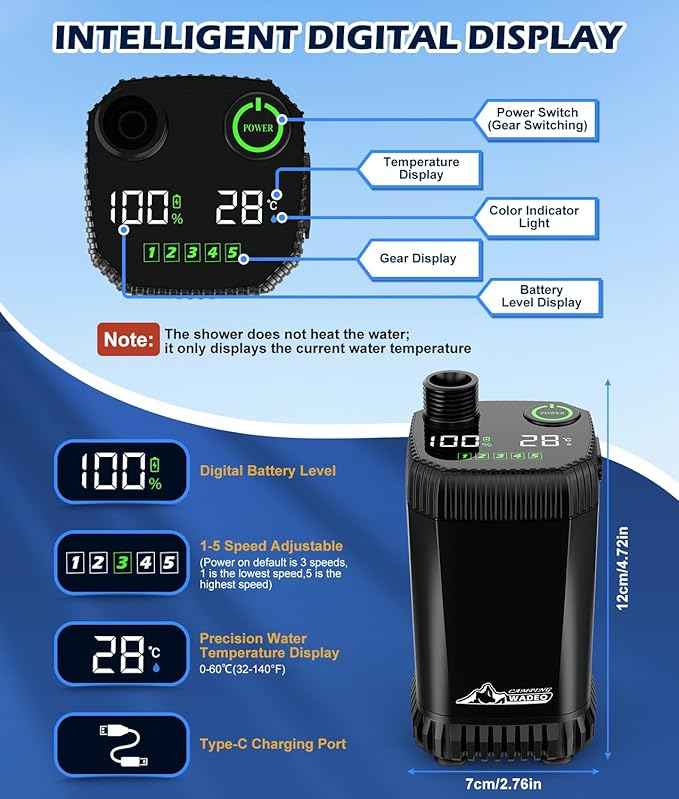 2026 Upgraded Portable Shower for Camping with Heater, Rechargeable Camping Shower with Intelligent LED Display, 5 Gal Foldable Bucket, 4 Spray Modes, Portable Shower for Travel, Pet Bath, Car Washing