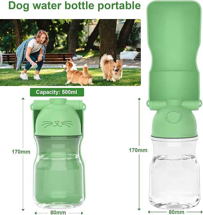 Dog Water Bottle, Portable Leak-Proof Water Dispenser with Drinking Bowl for Dogs and Cats, Travel Puppy Fountain Pet Water Bottle for Hiking Walking Outdoor(A012B-Green)