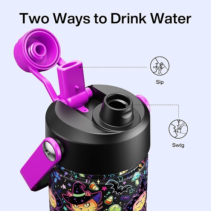 ENCOOL Insulated Water Bottle with Straw Stainless Steel Water Bottle, Leak-Proof, BPA-Free, Double Wall Vacuum Keeps Cold for 24 Hours for Sports, Travel, School (26 oz, Meowgic Night)
