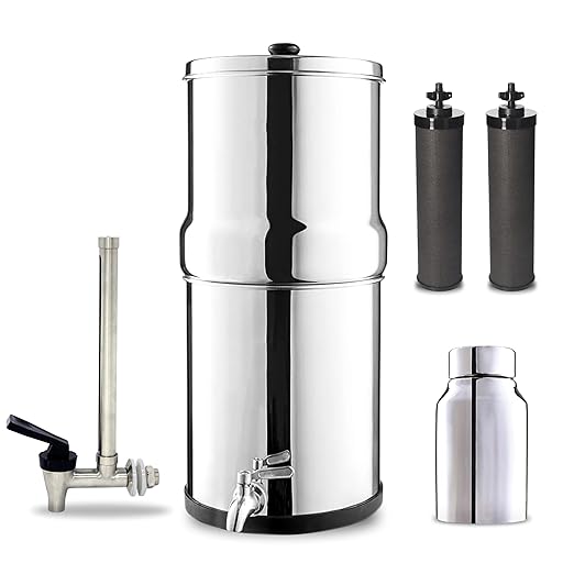 Denali Spring-2.25G (8 Liters)- Stainless Steel Gravity-Fed Water Filtration System with 2 Black Filters, SS Tap, POSTreat Filters and Vision Tap