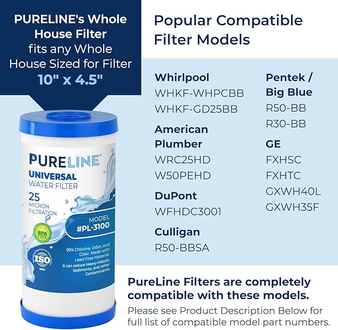 Pureline FXHTC 25 Micron 10" x 4.5" Replacement for GE FXHTC, GXWH40L, Culligan RFC-BBSA, W50PEHD, GXWH40L, GXWH35F, GNWH38S, DuPont WFHD13001, Pentair Pentek R50-BB, NSF 372 and NSF 42 Certification - AquaVibe