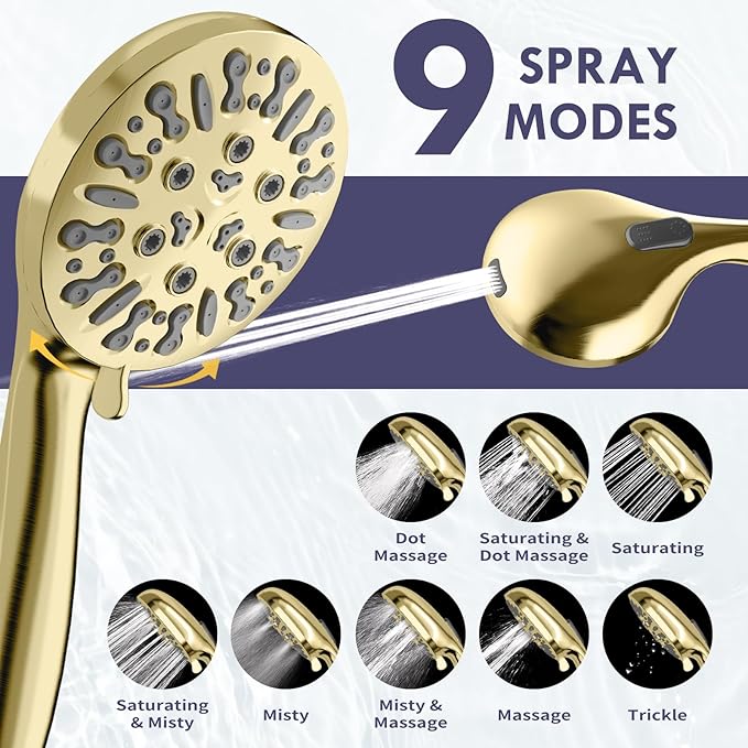 HOWUWEY Dual Shower Heads with Handheld Spray Combo, 7.5" High Pressure Rainfall Showerhead, Double Shower Heads with Handheld Spray, 9 Modes Hand Showerhead with 79" Hose (Standard, Brushed Gold)