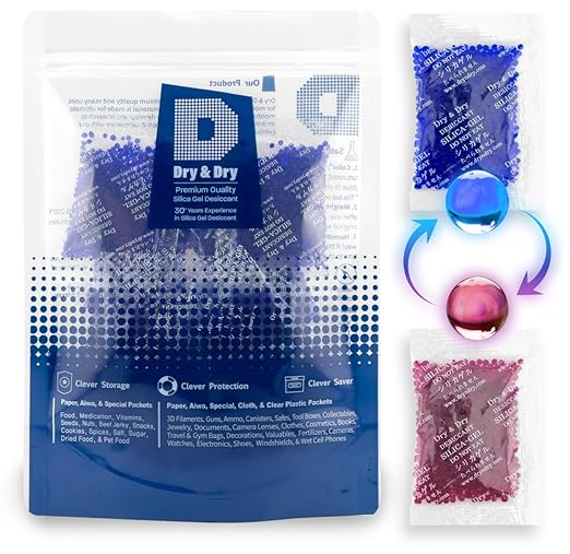 Dry & Dry Blue Indicating(Blue to Pink) Silica Gel Packets Desiccants - Rechargeable Silica Packets, Silica Gel Packs - Blue,Clear,Pink - 50 Packets (10 Gram)