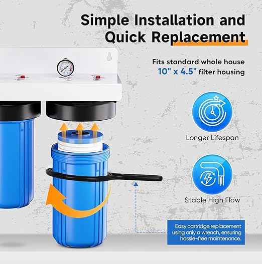 PUREPLUS 2-Stage Whole House Water Filtration System, Reduces Chlorine, Odor, Heavy Metals & Rust, 10"x4.5" Housing, 1" Inlet/Outlet, PP Grooved Sediment & KDF Carbon Filters, Pressure Gauges Included