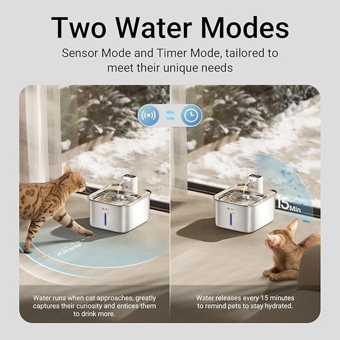 DownyPaws Cat Water Fountain Stainless Steel Wireless, 101 oz/3L FurSink Cordless Water Fountain for Cats, Battery Operated Cat Fountains for Drinking with Motion Sensor, Easy Clean, White
