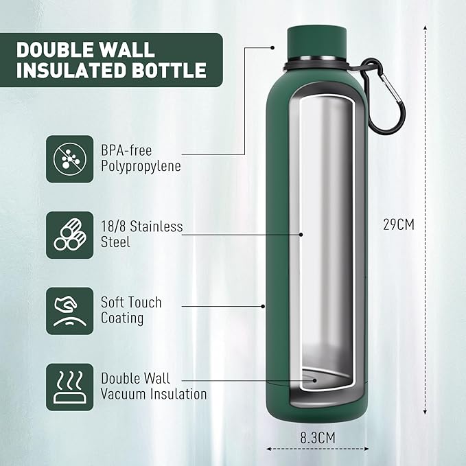 Exllena Slim Insulated Water Bottles for Travel 32oz with Clip, Double Wall Vacuum Stainless Steel Water Bottle Keeps Drinks Cold 24 Hrs/Hot 12 Hrs, 100% Leakproof, BPA Free(Emerald Green)