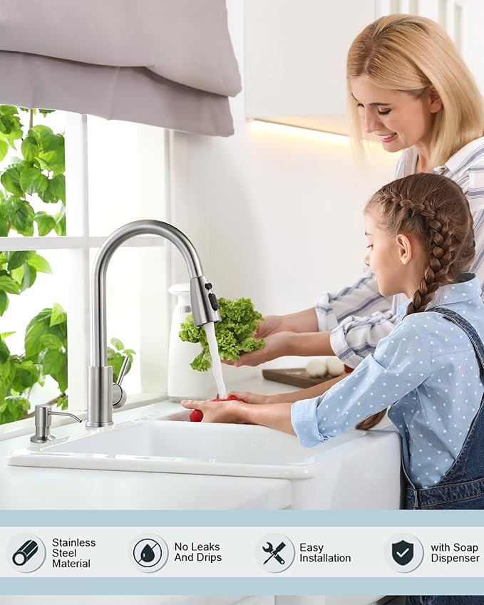 WOWOW Kitchen Faucet with Soap Dispenser: 304 Stainless Steel Kitchen Sink Faucet with Pull Down Sprayer 3 Modes, Single Handle High Arc Mixer Taps for Sink, RV, Laundry, Bar (Brushed Nickel)