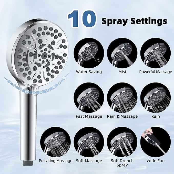 12” All Metal Rain Shower Head, High Pressure Rainfall Shower Head with Handheld Spray Combo, 5” Handheld Spray Powerful Clean 10-Mode, 16" Shower Extension Arm, 71" Hose, 3-Way Diverter, Chrome