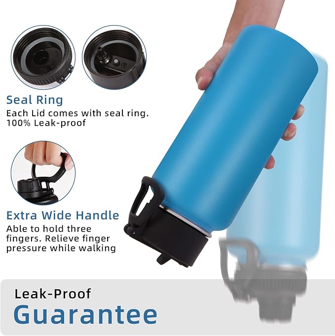 Volhoply 32 oz Insulated Water Bottles Bulk 4 Pack with Straw Lid & Spout Lid,Stainless Steel Sports Water Bottle,Double Wall Vacuum Cups,Leakproof Wide Mouth Metal Flask for Hiking,Camping(Blue,4)
