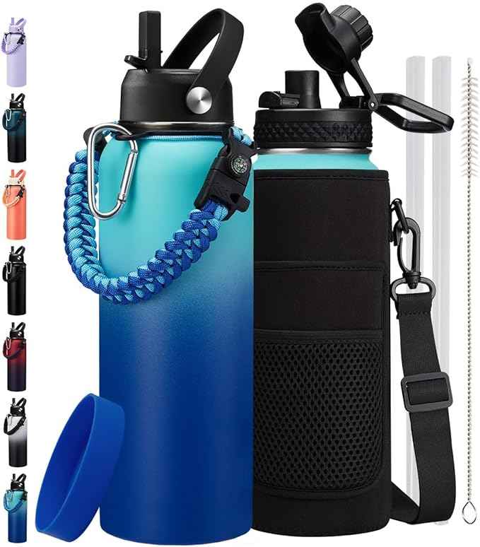 Insulated Water Bottle 40oz - with Straw & Auto Spout Lid, Paracord Handle, Shoulder Carrier Bag, 40 oz Stainless Steel Metal Flask Water Jug Great for Sport Travel Gym Hiking Biking