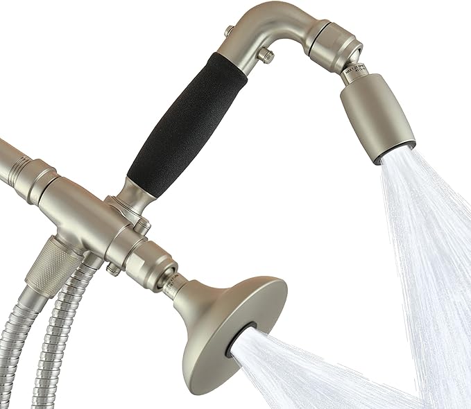 High Sierra® - Solid Lead-Free Metal 4-Way Combo HALF DOME® Fixed and Handheld Shower Head with Hose. Run Separately or Both at Full Flow - 1.25 GPM per Shower Head - Brushed Nickel Finish