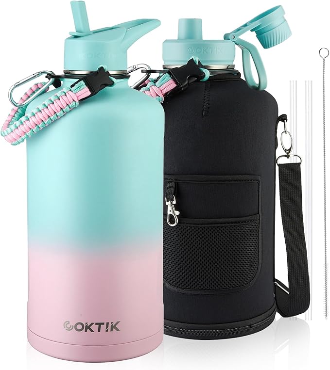 COKTIK 128oz Insulated Water Bottle - Stainless Steel Vacuum Metal, Portable 1 Gallon Large-Capacity Sports Bottle with Straw, Carry Bag and Handle Strap, Ideal for Gym & Hiking(Bubble Gum)