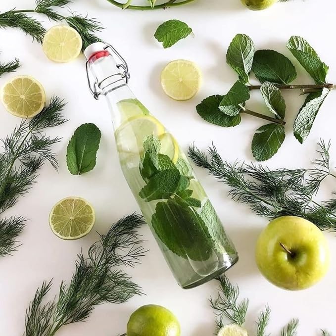 Le Parfait Bottles Glass Swing Top Bottle with Airtight Printed logo Swing Stopper | Works as Preserving Bottle for Juices & Salad Dressing| 16oz (Pack of 3) 500ml