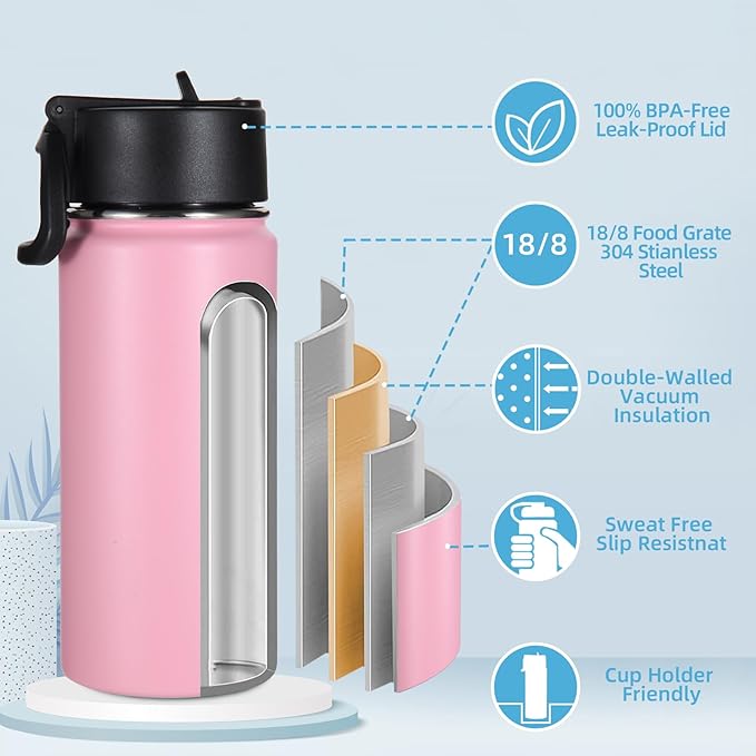 Volhoply 16 OZ Kids Water Bottle Bulk 2 Pack,Insulated Sports Bottles with Straw Lid,Stainless Steel Bottle with Handle Keep Cold & Hot,Double Wall Vacuum Tumbler Cups for School,Girls(Pink, 2)