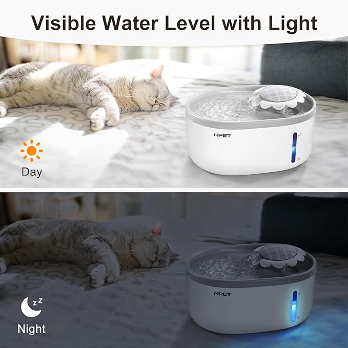 NPET Cat Water Fountain with Visible Water Level Window, White Grey 2L/67oz Automatic Pet Water Fountain with Quiet Pump, Dog Water Dispenser for Drinking (Regular)