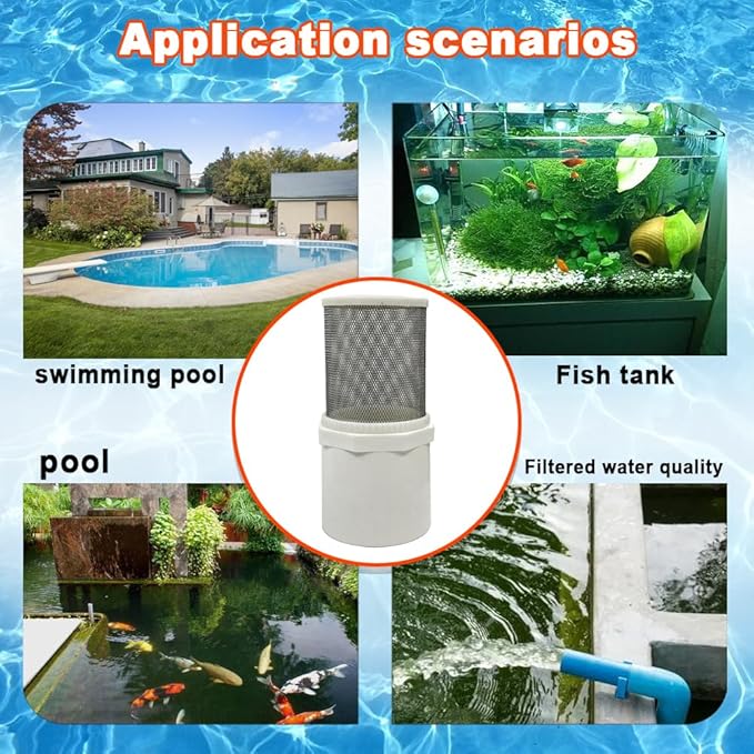 DN20 inch stainless steel filter cover connected to 3/4" DN20 PVC water pipe, Suction Strainers 360 degree mesh rapid filtration used to remove debris and reduce solid entry
