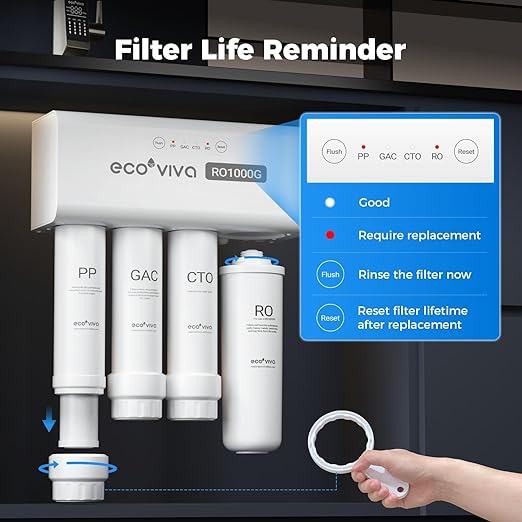 Ecoviva Alkaline Reverse Osmosis RO Water Filter Filtration Under Sink System (Brown Faucet, RO 1000GPD)