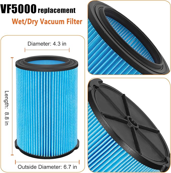 VF5000 Replacement Filter for Ridgid Shop Vacuums 5-20 Gallon, Universal Fine Dust Filter Fits Rigid Wet Dry Vac/Husky Shop Vacuum Filter 6-9 Gallon with Foam Sleeves- 2 Pack - AquaVibe