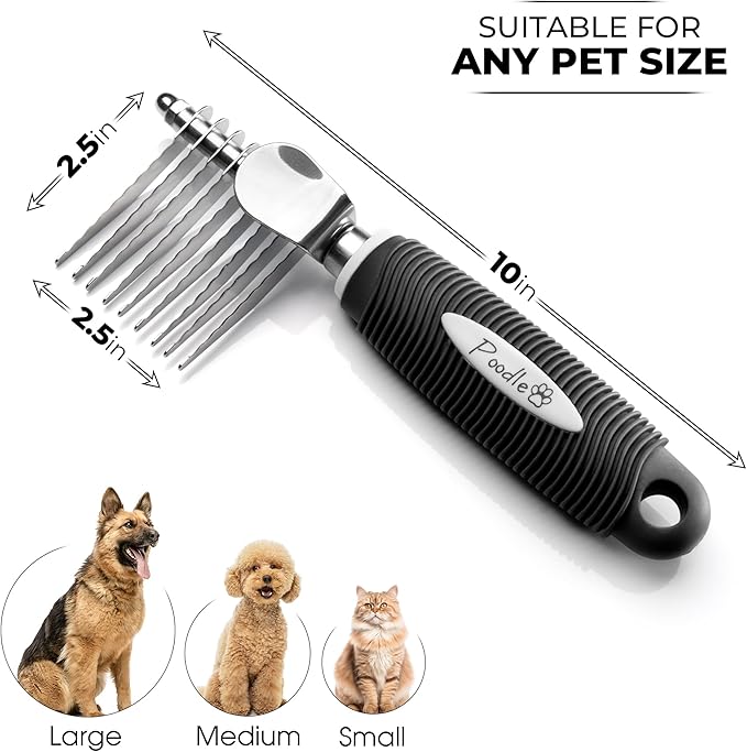 Poodle Dematting Fur Rake Comb Brush for Dogs and Cats - Long 2.5" Steel Safety Blades Metal Comb for Detangling Matted or Knotted Undercoat Hair - AquaVibe