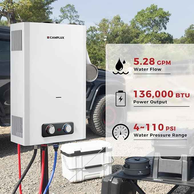 CAMPLUX Tankless Water Heater, 5.28 GPM Propane Water Heater Camping, Outdoor for Cabin, Off-grid, Tiny House & Mobile Home, 136,000 BTU, BD528