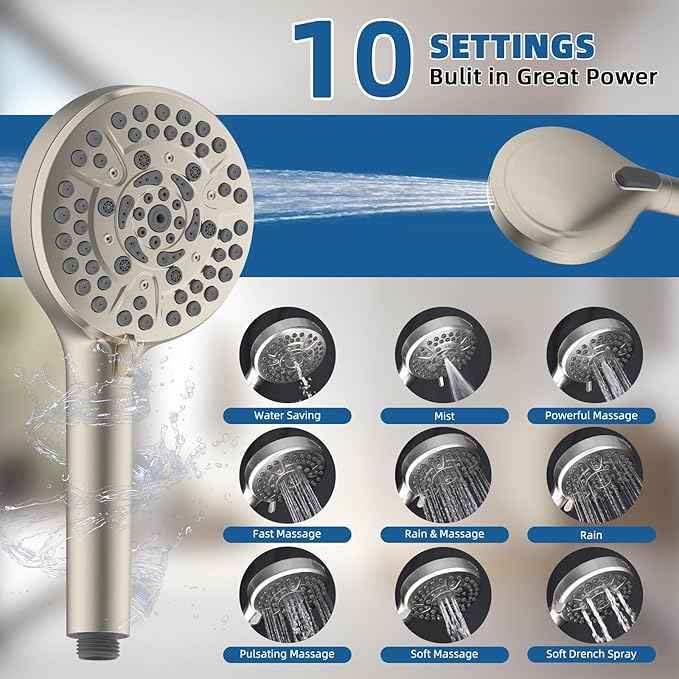12" All Metal Shower Head, High Pressure 10-Spray Handheld Showerhead Rainfall Shower Head Combo with 11" Adjustable Shower Extension Arm, 71" Hose, Shower Head Holder, Brushed Nickel