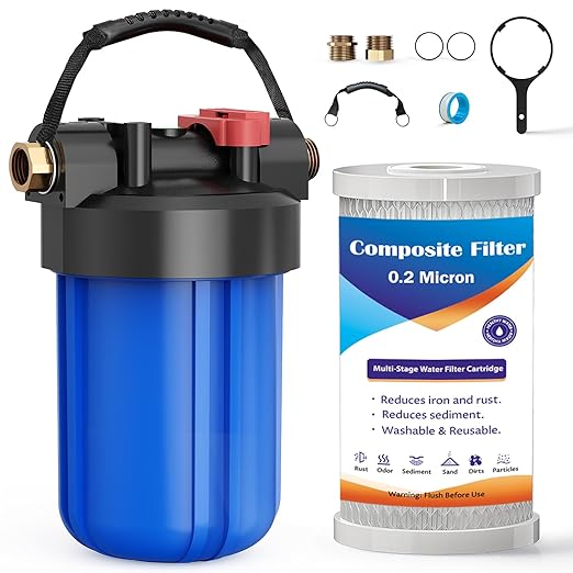 RV Water Filter System,Clog-Resistant Inline Water Filter with Brass Threads,0.2 Micron 6-Stage Filtration for RVs and Campers,4.5x10in.Cartridge,Filters VOCs,Chlorine, Sediments,Heavy Metals,Odors