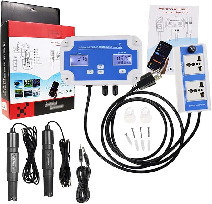 3 in 1 PH ORP Temperature Meter, Water Quality Monitor with Dual Power Socket and App, 24 Hours Smart Monitoring and Calibrate Easily, for Aquariums, Drinking Water, Hydroponics, Lab