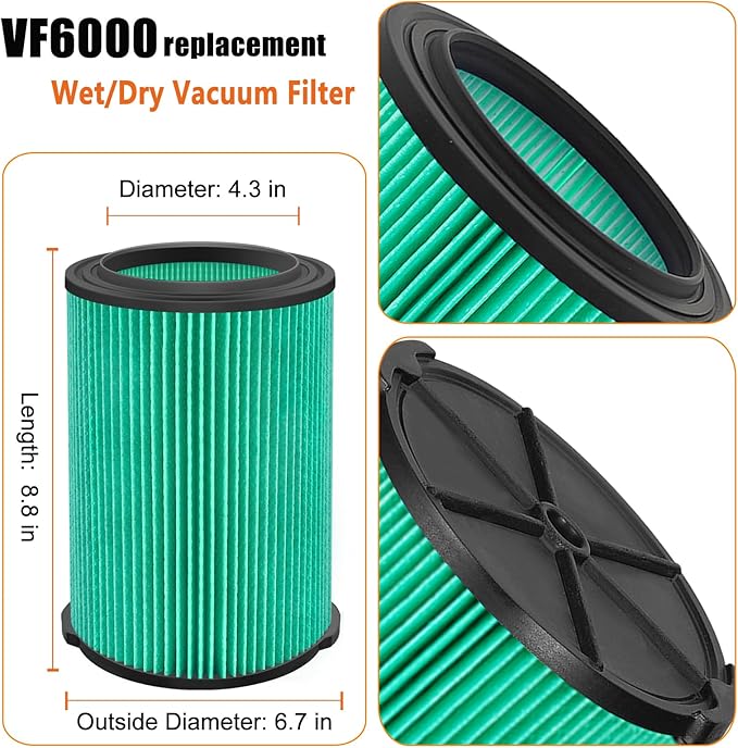 VF6000 Replacement Filter for Ridgid Shop Vacuums 5-20 Gallon, Universal VF6000 Filter Fits Rigid Wet Dry Vac/Husky Shop Vacuum Filter 6-9 Gallon with Foam Sleeves- 2 Pack - AquaVibe