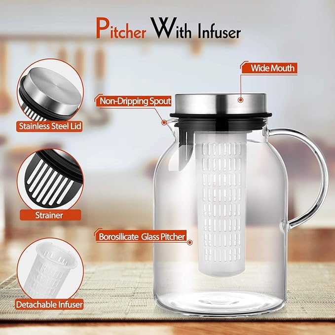 Glass Water Pitcher, Fruit Infuser Pitcher with Removable Lid, High Heat Resistance Infusion Carafe for Hot/Cold Water, Flavor-Infused Beverage & Iced Tea - 2 Qt