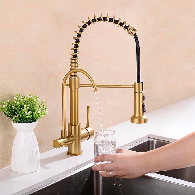 Commercial 3 in 1 Spring Brushed Gold Kitchen Faucet, High Arc Single Hole Pull Down Sprayer Kitchen Sink Faucet, RO System Water Filter Faucet Integrated into Kitchen Faucet