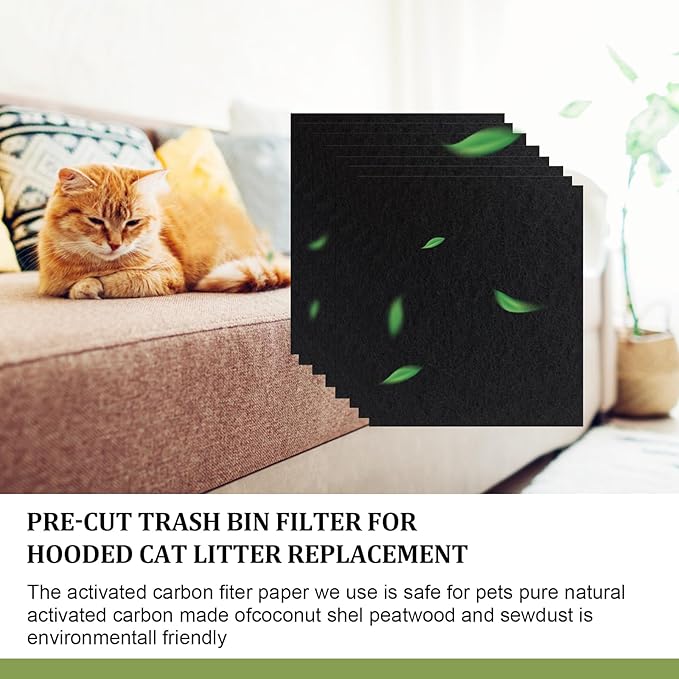 8 Pack Charcoal Cat Litter Box Replacement Filter for Hooded Cat Box, 6 x 6.5Inch Carbon Odor Filters, Black
