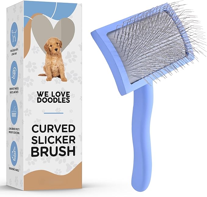 Slicker Brush for Dogs, Dog Grooming Supplies - Best Doodle & Poodle Brush for Long Haired Dogs - Goldendoodle Long Pin Detangler For Dematting (Medium Curved) - AquaVibe