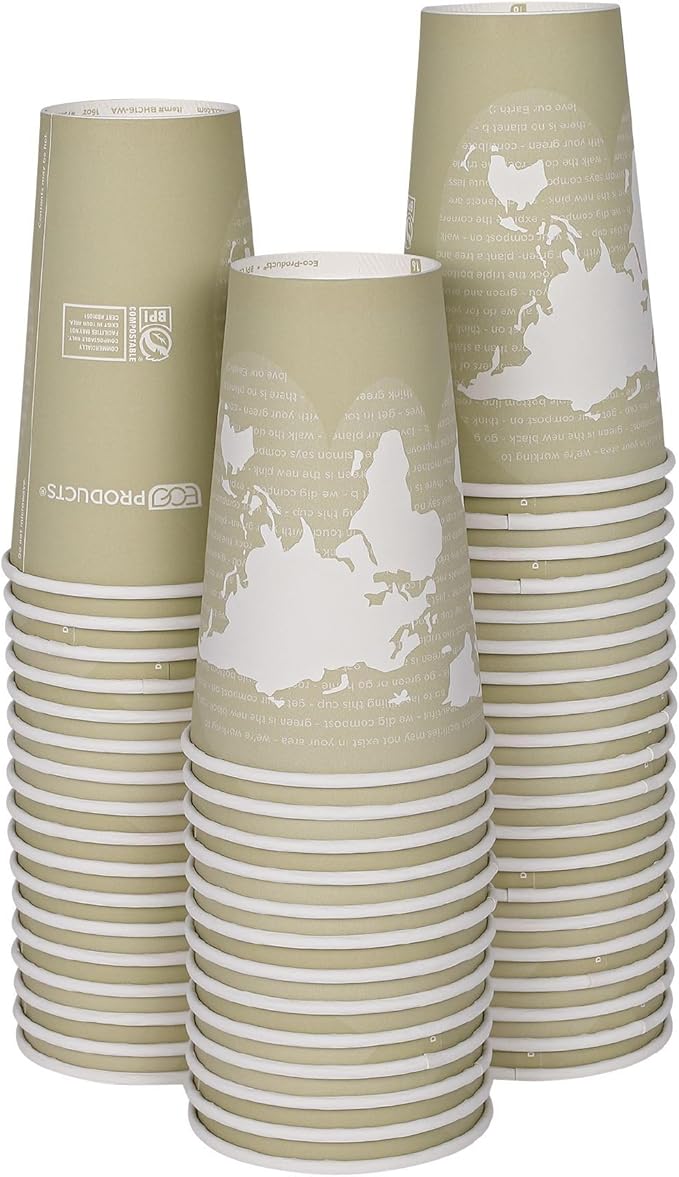 ECO PRODUCTS Compostable Disposable World Art 16oz Large Coffee Cups, Pack of 50, Renewable Hot Paper Cup, Plant Based PLA Lining, Color Coded