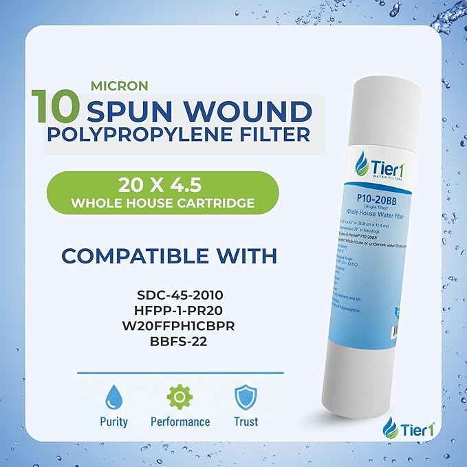 Tier1 10 Micron 20x4.5 Water Filter | Spun Wound Polypropylene Whole House Water Pre-Filter Cartridge | Replacement for Hydronix SDC-45-2010 | 4.5 x 20 Sediment Water Filter