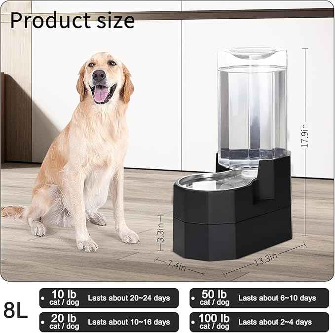 Sfozstra Raised Pet Water Dispenser: 8L Black Automatic Stainless Steel Gravity Cat Feeder for Elderly Pet Dogs Indoor Outdoor