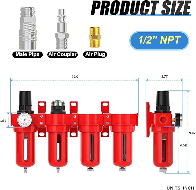 1/2" NPT Industrial Grade 4 Stage Aluminum Air Drying System, Coalescing Filter, Particulate Filter, Double Desiccant Dryer and Air Regulator,Manual Drain For Plasma Cutter and Paint Spray - AquaVibe