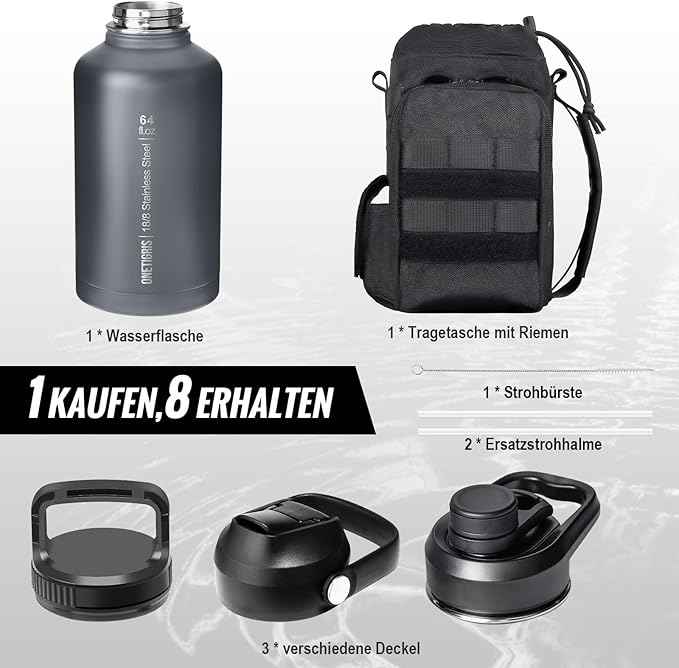 ONETIGRIS Tactical Half Gallon Water Bottle with Straw - 64 oz Vacuum Insulated Stainless Steel Water Jug, Leakproof Sport Bottle with 3 BPA Free Lids, Paracord Handle & MOLLE Water Pouch for Outdoor